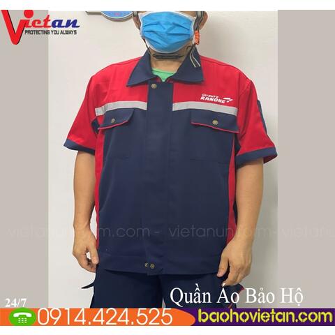 Quần Áo Bảo Hộ Lao Động Gara Ô Tô Ngắn Tay Màu Xanh Phối Đỏ